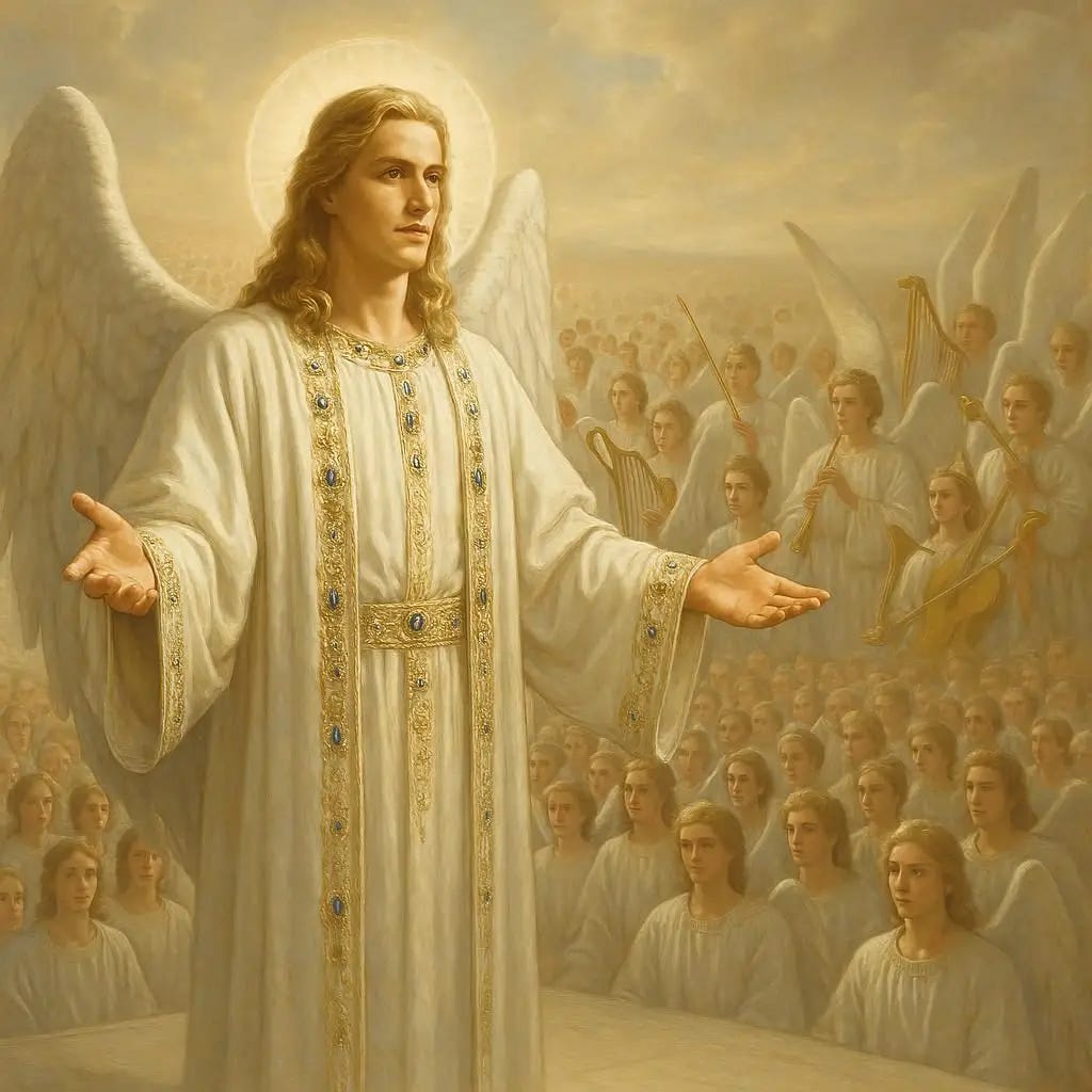 a very beautiful and handsome angel who is elaborate wearing white robes with jewels in them and has long blonde hair and he is standing on a massive stage speaking to a huge crow of angels and more angels are behind him getting ready to play music. realistic. heavenly.