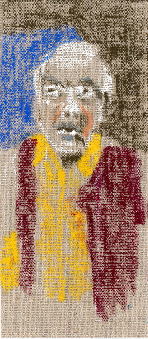 cloth texture with image of white-haired man (oil pastel)