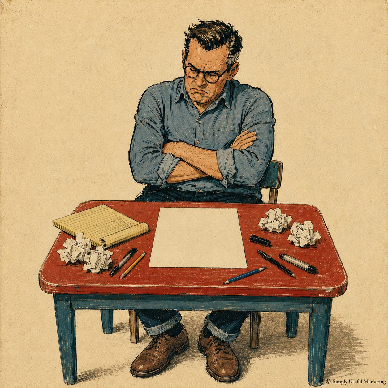 A frustrated middle-aged man in a blue button-up shirt and jeans sits with his arms crossed at a child-sized red table, glaring at a blank sheet of paper surrounded by pens, pencils, a yellow notepad, and crumpled drafts. A frustrated middle-aged man in a blue button-up shirt and jeans sits with his arms crossed at a child-sized red table, glaring at a blank sheet of paper surrounded by pens, pencils, a yellow notepad, and crumpled drafts.