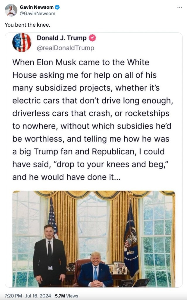 Elon Musk and Gavin Newsom in argument, with a referenced 2022 tweet by Donald Trump