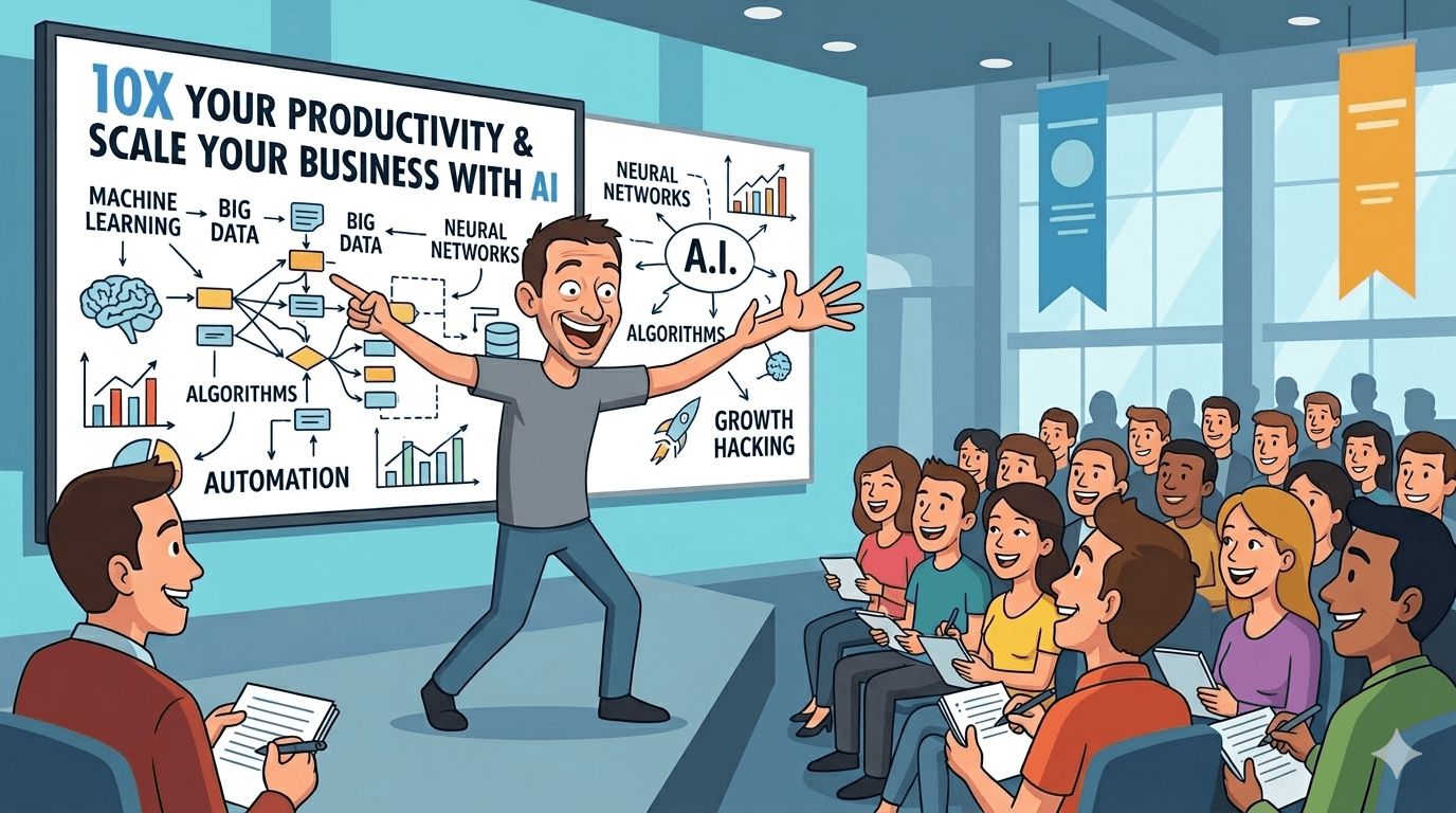 Cartoon presenter on a stage in front of a busy diagram reading "10X Your Productivity & Scale Your Business With AI," arms wide, pitching to an enthusiastic seated audience holding notepads.