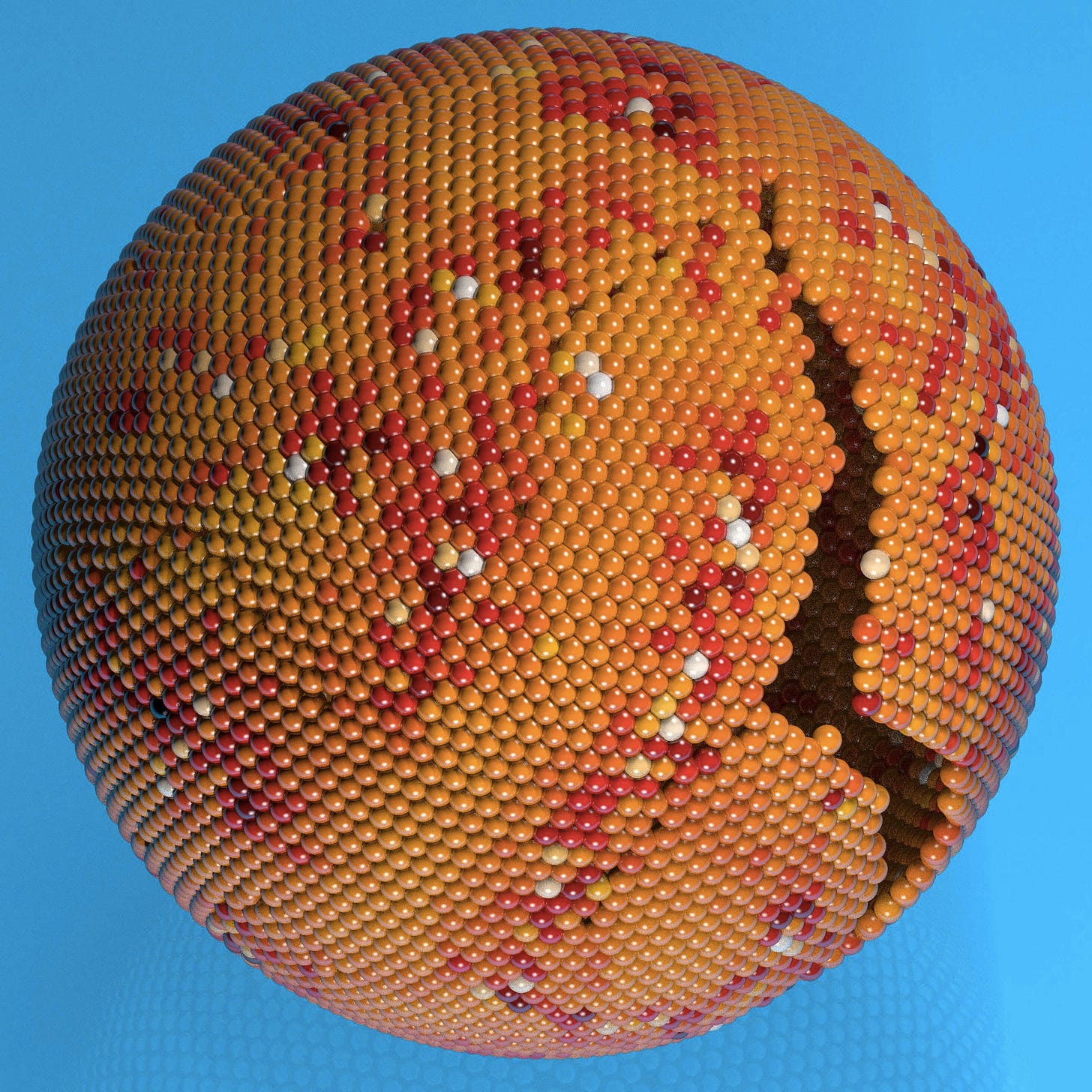 Simulazioni di un cristallo colloidale su di una superficie sferica. Cambiando la forma e il volume della superficie il cristallo si deforma e si frattura. Dall'articolo <i>Deformation and failure of curved colloidal crystal shells</i> pubblicato su PNAS vol. 112 no. 47, pp. 14545–14550. 