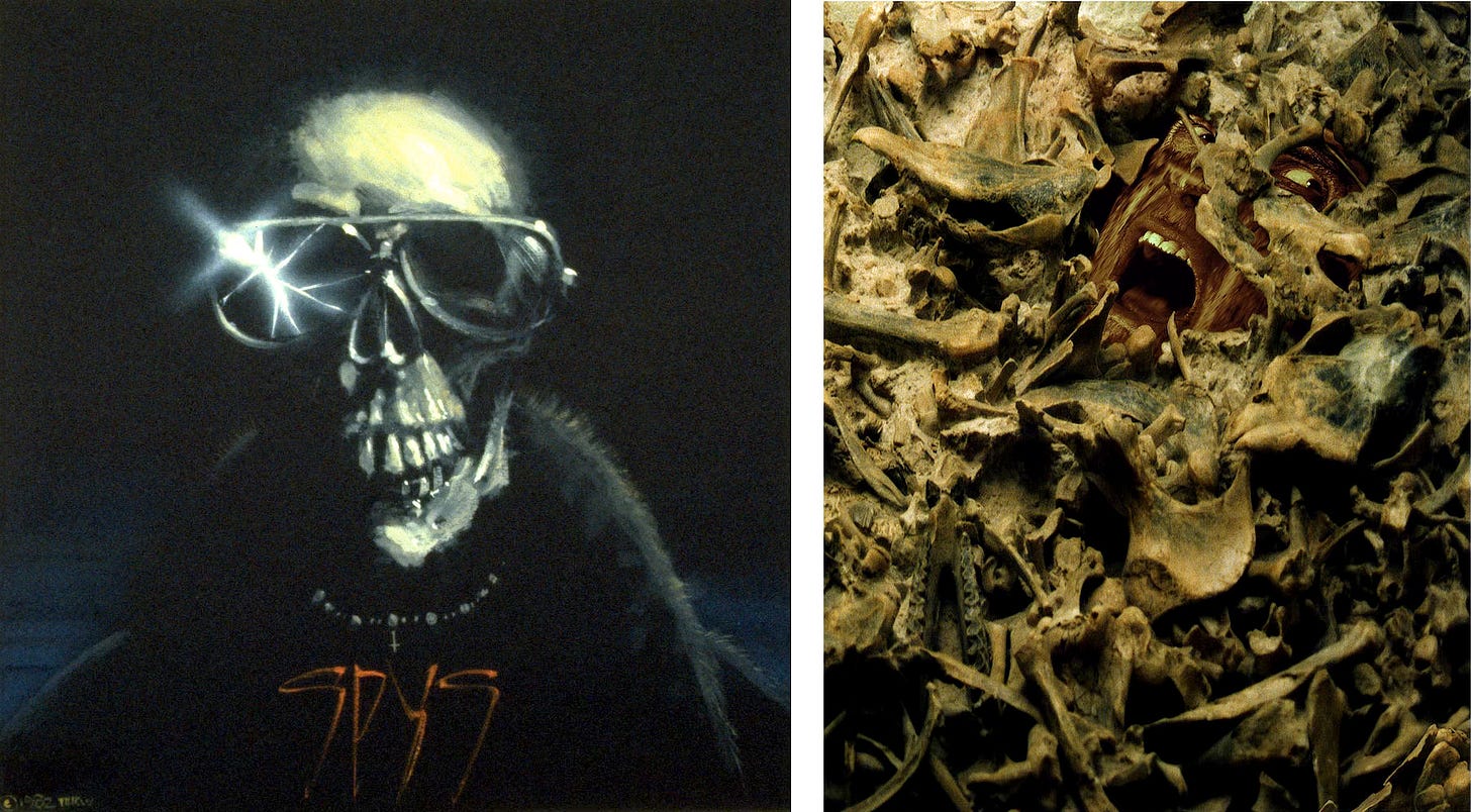 LEFT: Preliminary concept for SPYS, a side project of two members from Foreigner, featuring a skeletal wearing mirrored sunglasses decked in black with a fur color. Below a beaded silver necklace in stylized hand written fond is the band name in red. Light flares along cracks in the lens on the left. RIGHT: A digital composition of a man’s face in an open mouthed scream beneath layers of bones. His face is nearly covered, with bones framing an arc around one eye rolling back to reveal white and focus the terror of the moment there.