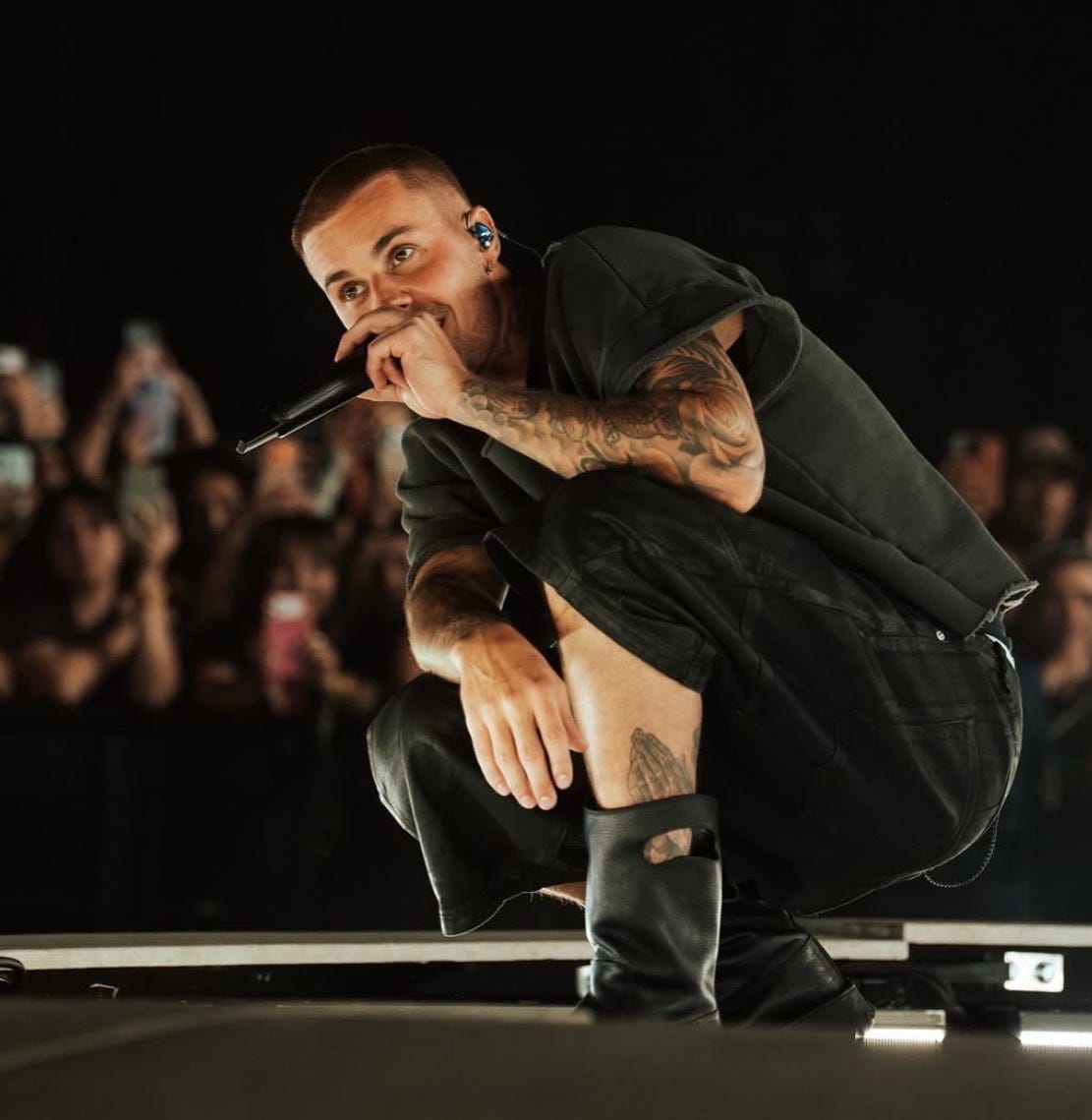 Justin Bieber performing live on stage at Coachella, the inspiration behind the Rhode Bieberchella limited-edition beauty drop.