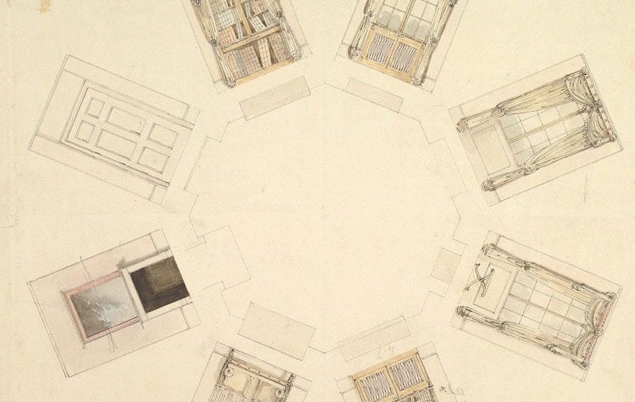 A 19th century aerial sketch of an octagonal room and its views