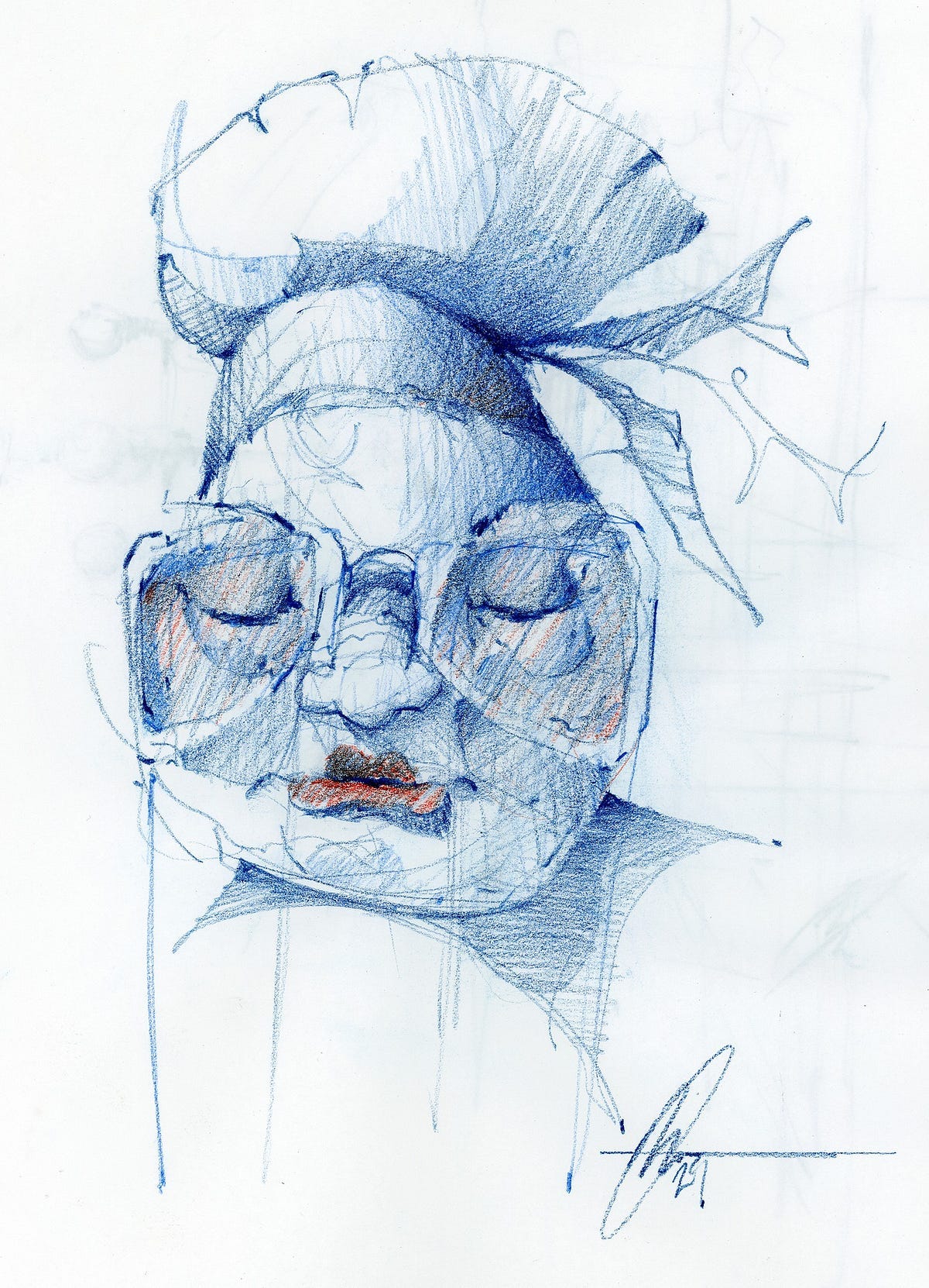 Metro Lady Looking at her Mobile (blue sketch)— 9 in x 12 in colored pencil on paper. Moh’d Bilbeisi, 2025. collaborator with permission