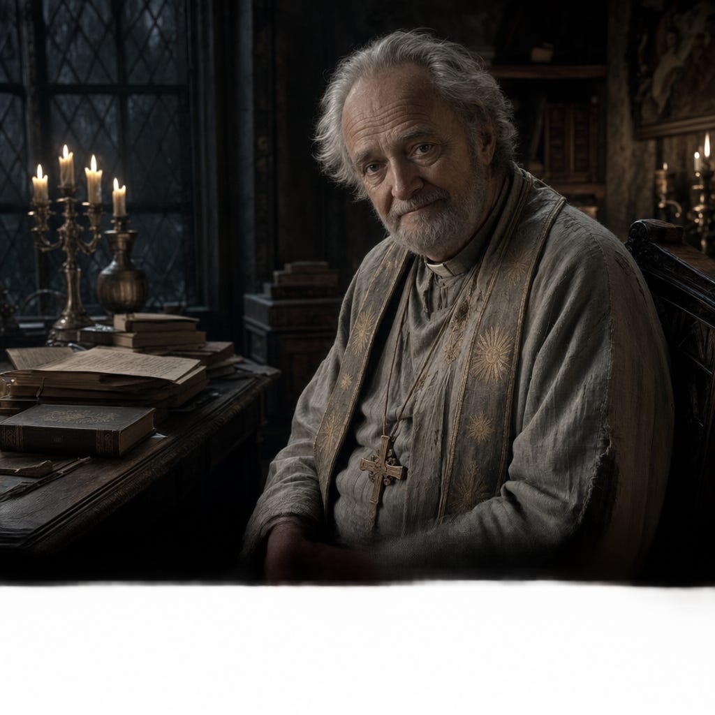 Father Lucian waiting in the Wachterhaus study, Jim Broadbent–evoking priest, weary gentle eyes, silver hair, threadbare robes, candlelit Barovian gothic room