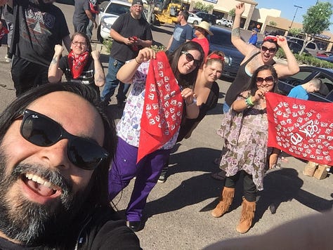Shannon in a parking lot with Easter Keg Hunters misdirecting them (2016)