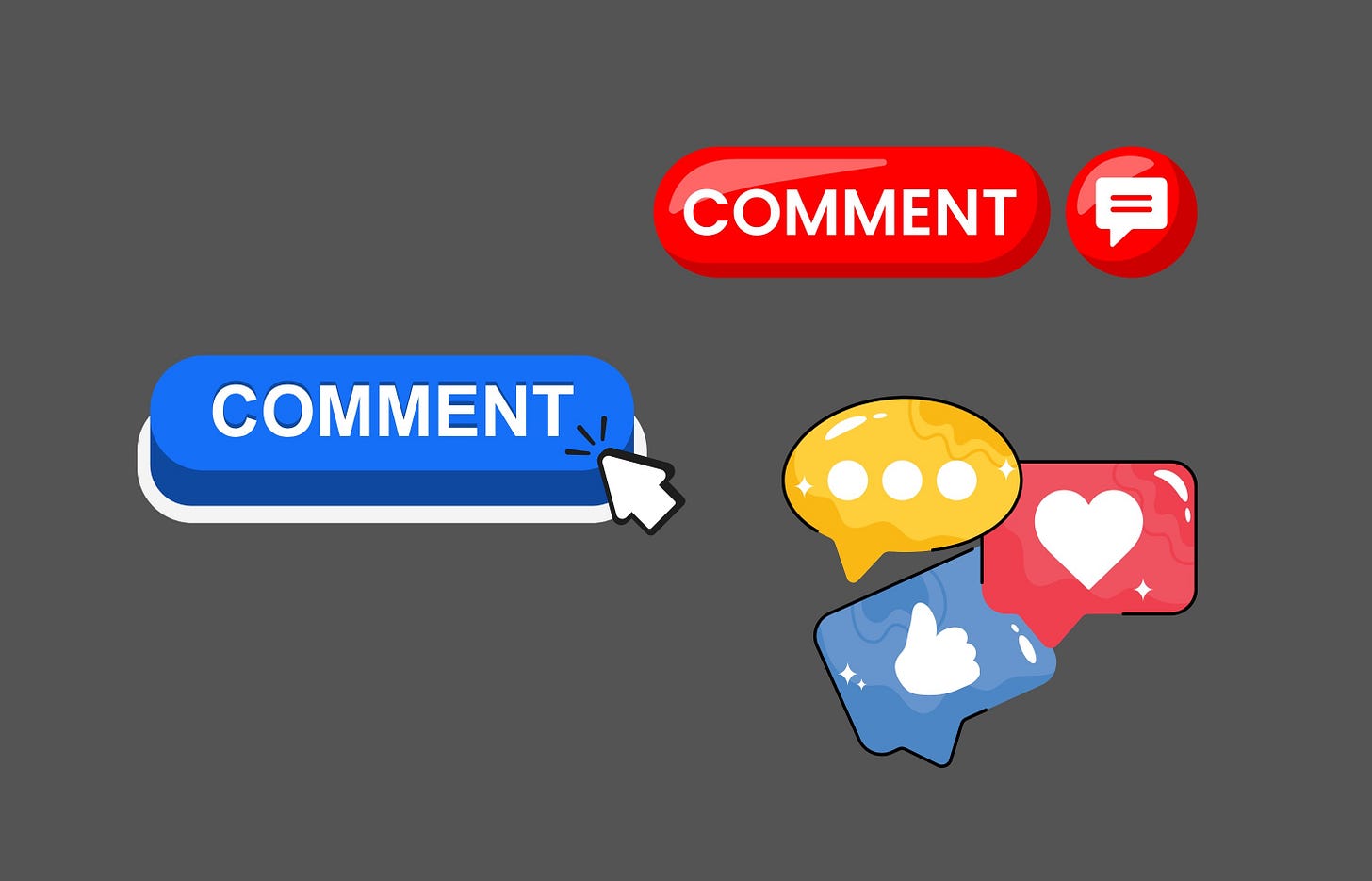 The word Comment in two graphics and a third graphic with social media reactions.