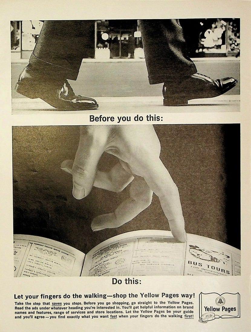 1962 Yellow Pages Fingers Walking Shopping Vintage Print Ad ...