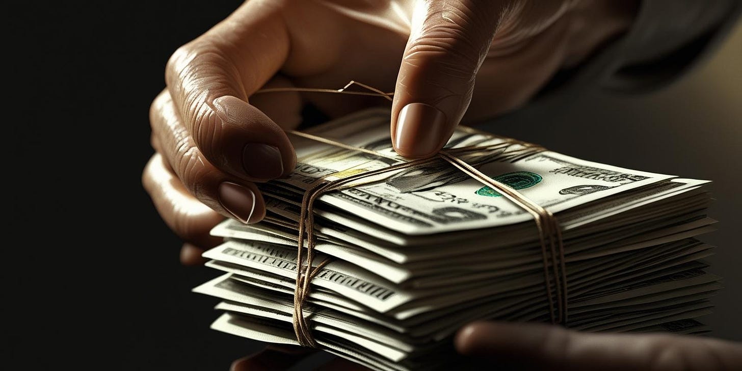 Hands clasping a stack of money tied with twine