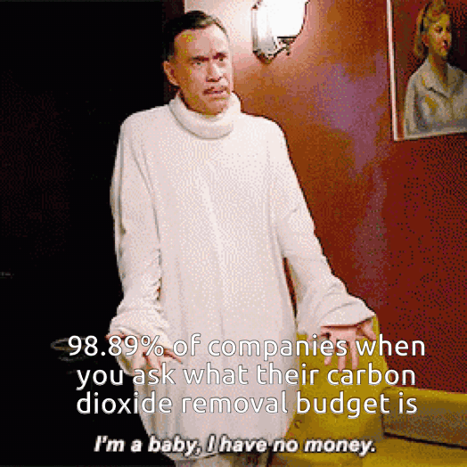 GIF of Fred Armisen in an oversized white turtleneck sweater gesturing in a red room. Text: "98.89% of companies when you ask what their carbon dioxide removal budget is" Bottom subtitle: "I'm a baby, I have no money."