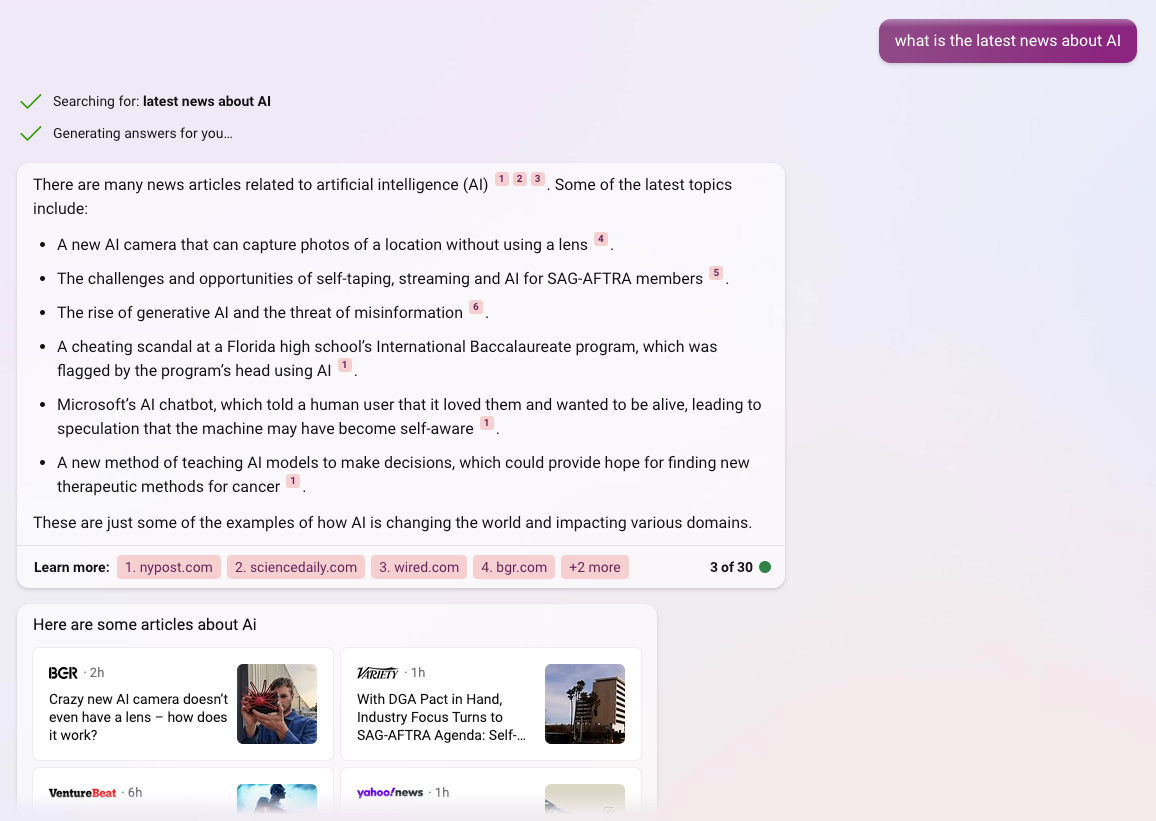 Screenshot of Bing Chat answering 'what is the latest news about ai'