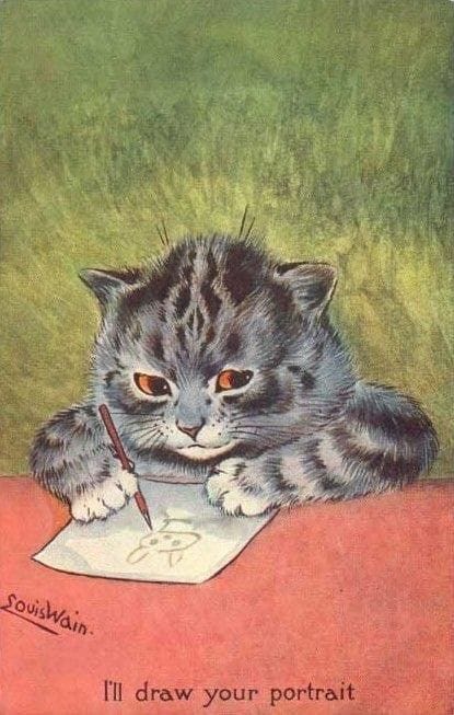 Six artworks depicting cats in different styles, including cats cuddling, sitting beside coffee and books, lounging at a table, drawing, posed with a historical figure, and dressed as a formal pair. The collage highlights four artists’ contrasting approaches to portraying cats.