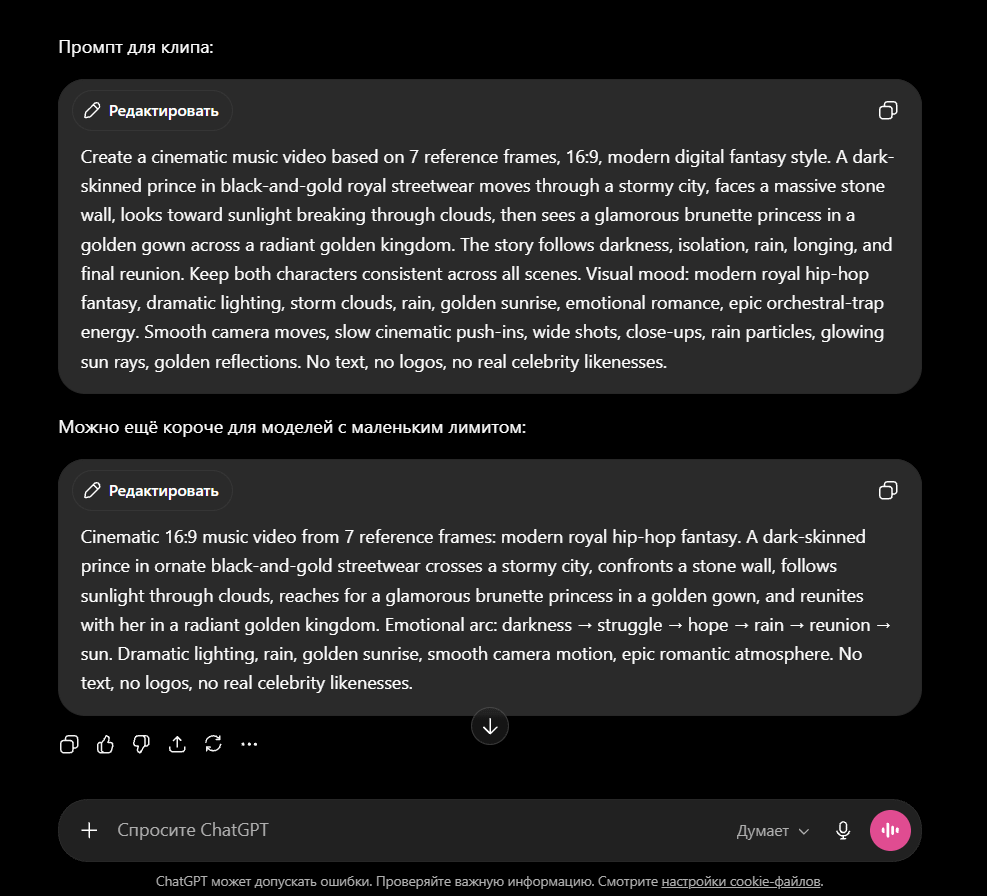 ChatGPT — текстовый ответ с двумя вариантами промпта для генерации музыкального клипа на английском. Описание стиля, персонажей, движений камеры. ChatGPT — текстовый ответ с двумя вариантами промпта для генерации музыкального клипа на английском. Описание стиля, персонажей, движений камеры.