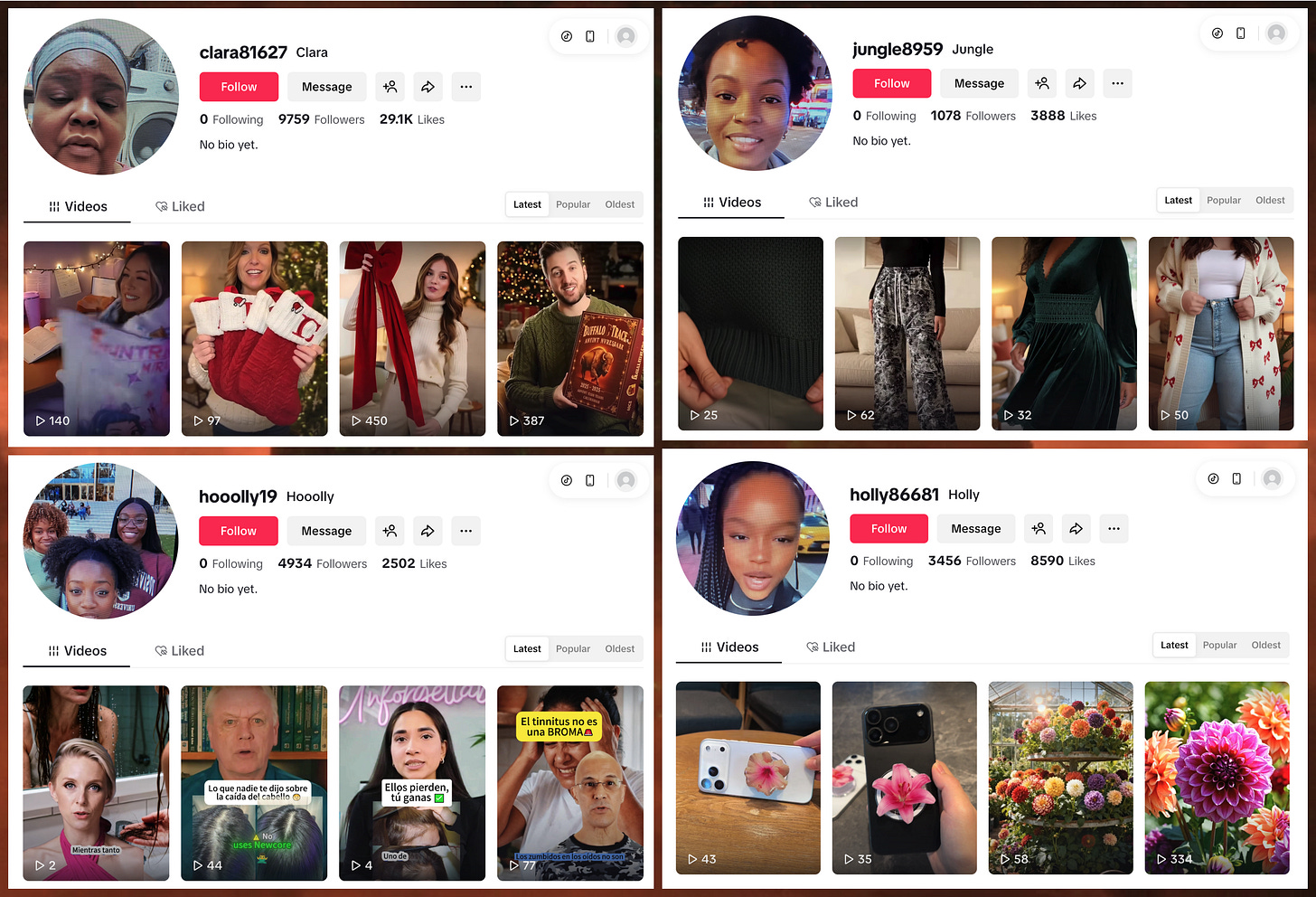 examples of new spam from four of the accounts, including Christmas merchandise, clothing ads, and videos about tinnitus in Spanish