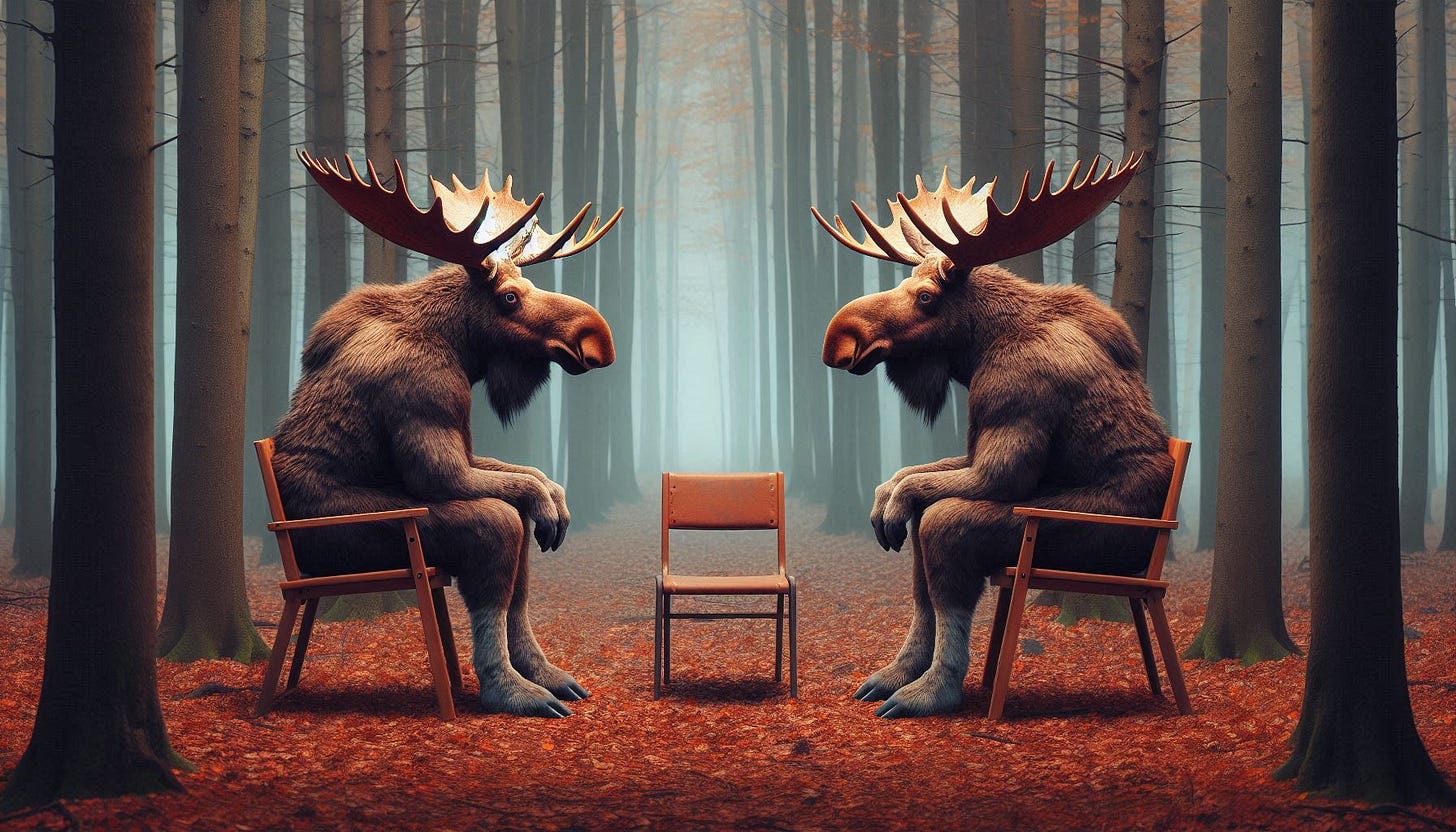 Two moose sitting in chairs in a forest
AI-generated content may be incorrect. Two moose sitting in chairs in a forest
AI-generated content may be incorrect.