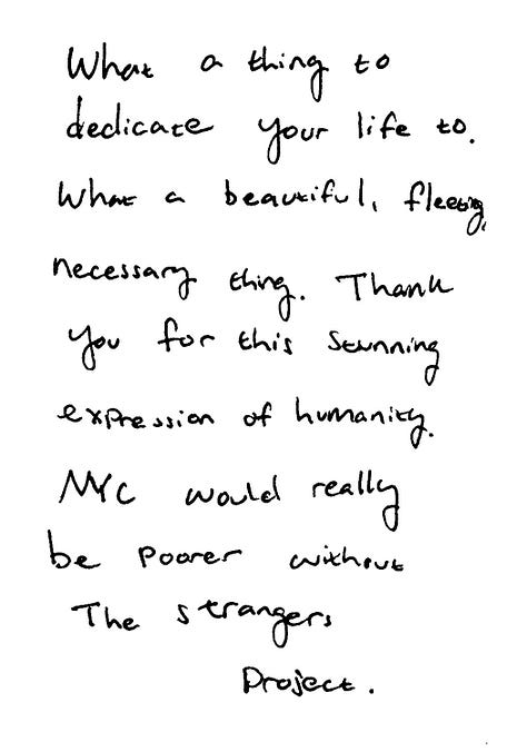 Comment cards left by visitors at the Strangers Project exhibit