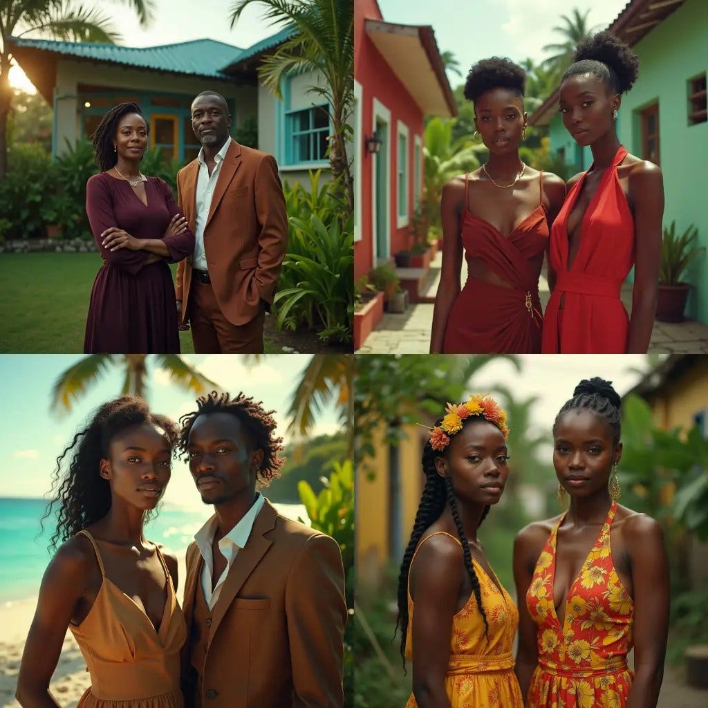 Regal black models dressed in stylish, modest real estate agent attire, posing in a vibrant Jamaican Caribbean setting, exuding confidence and poise.