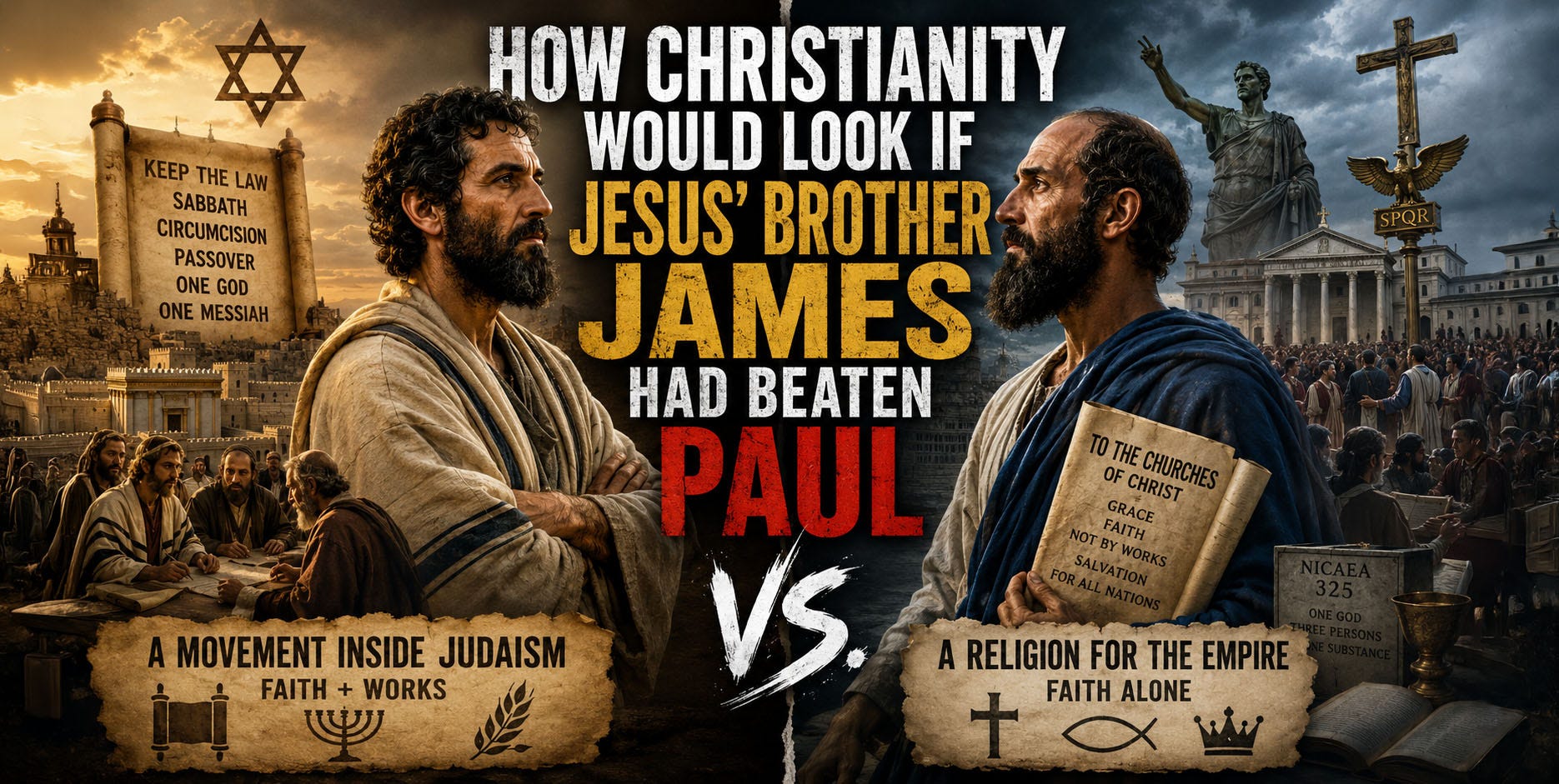 Split-screen illustration of early Christianity’s divide between James and Paul. James stands before Jerusalem and Jewish followers beside a scroll listing “Keep the Law, Sabbath, Circumcision, Passover.” Paul faces him from a Roman imperial setting holding teachings on grace and faith. Large central text reads “How Christianity Would Look if Jesus’ Brother James Had Beaten Paul,” with “VS” between the two visions of Christianity.