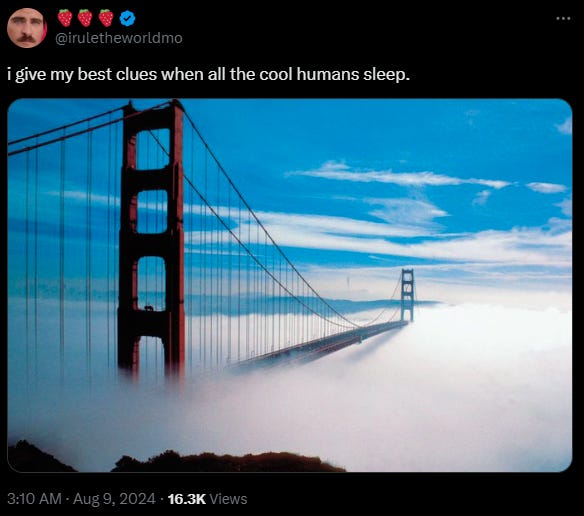A picture of the golden gate bridge (SF) with the caption: i give my best clues when all the cool humans asleep