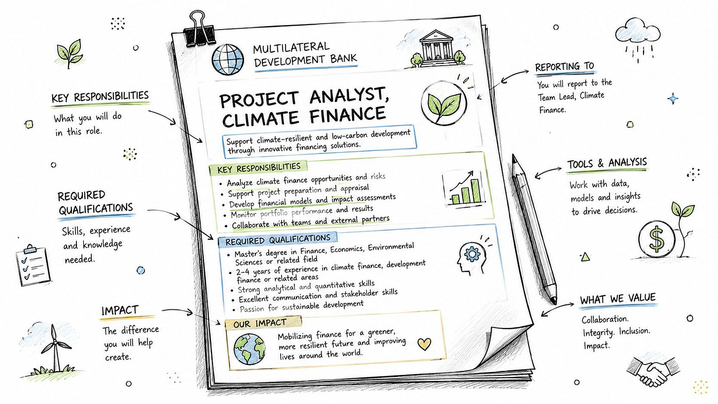 A creative infographic showing a job description for a Project Analyst in Climate Finance. A creative infographic showing a job description for a Project Analyst in Climate Finance.