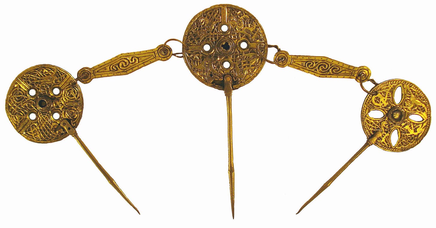 The Witham Pin, a triple-pin, disc brooch, 8th century, in the British Museum The Witham Pin, a triple-pin, disc brooch, 8th century, in the British Museum