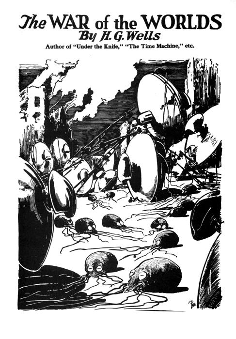 cover of war of the worlds, showing octopus things crawling out of flying saucers on the ground as England burns in the background cover of war of the worlds, showing octopus things crawling out of flying saucers on the ground as England burns in the background