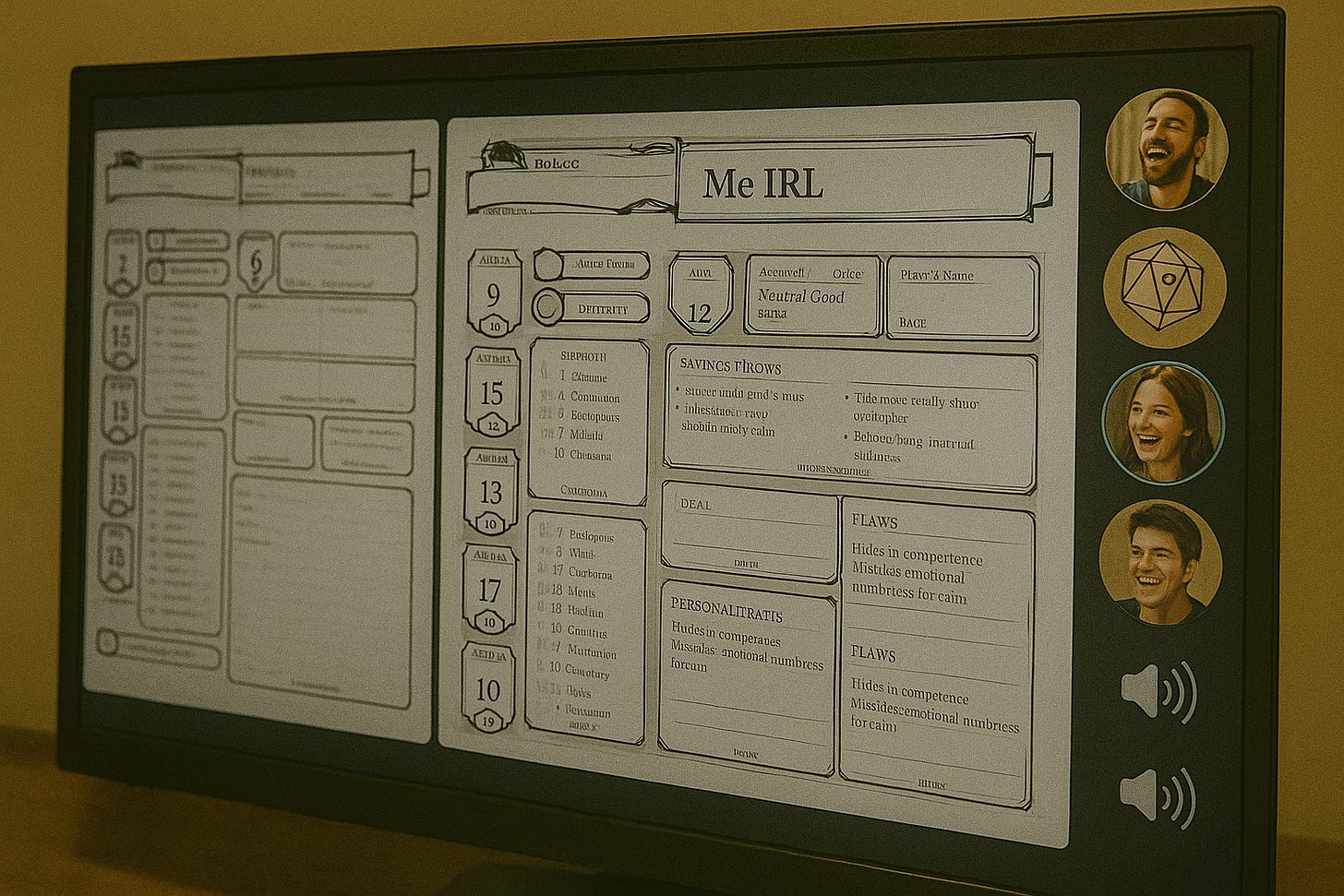 Screen with multiple character sheets open; one labeled “Me IRL,” avatars glowing with laughter