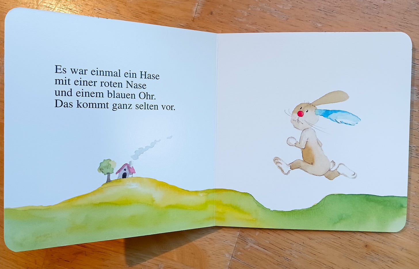 A children's board book in German, with a watercolor picture of a rabbit with a red nose and a blue ear.