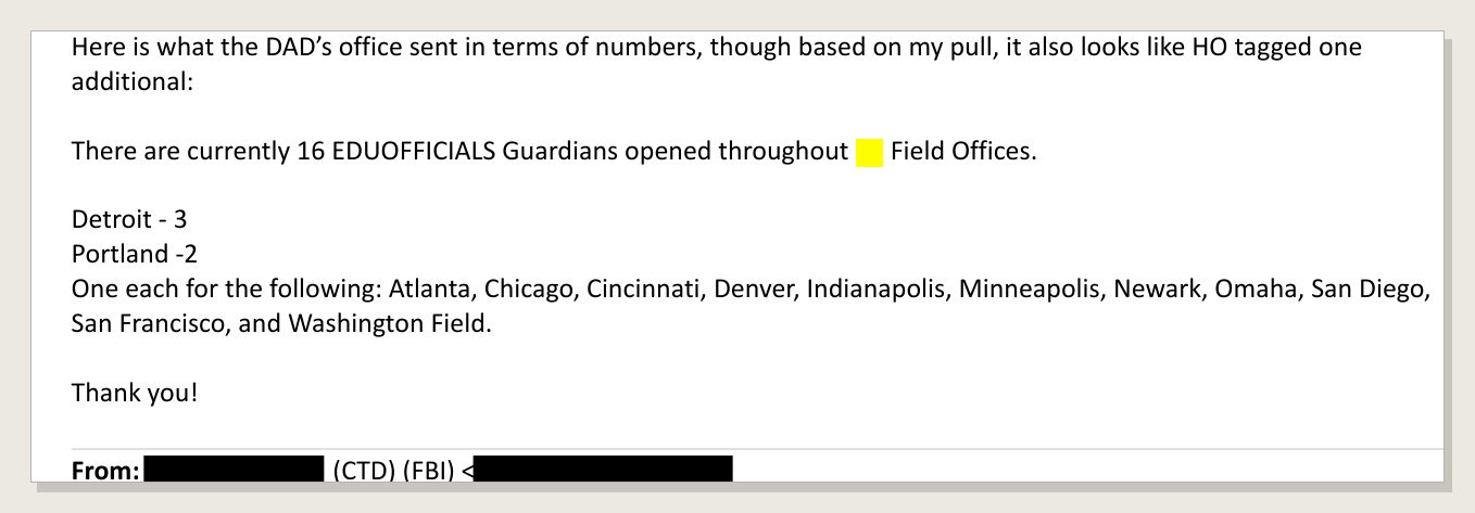 FBI email listing field offices with open EDUOFFICIALS Guardian files FBI email listing field offices with open EDUOFFICIALS Guardian files
