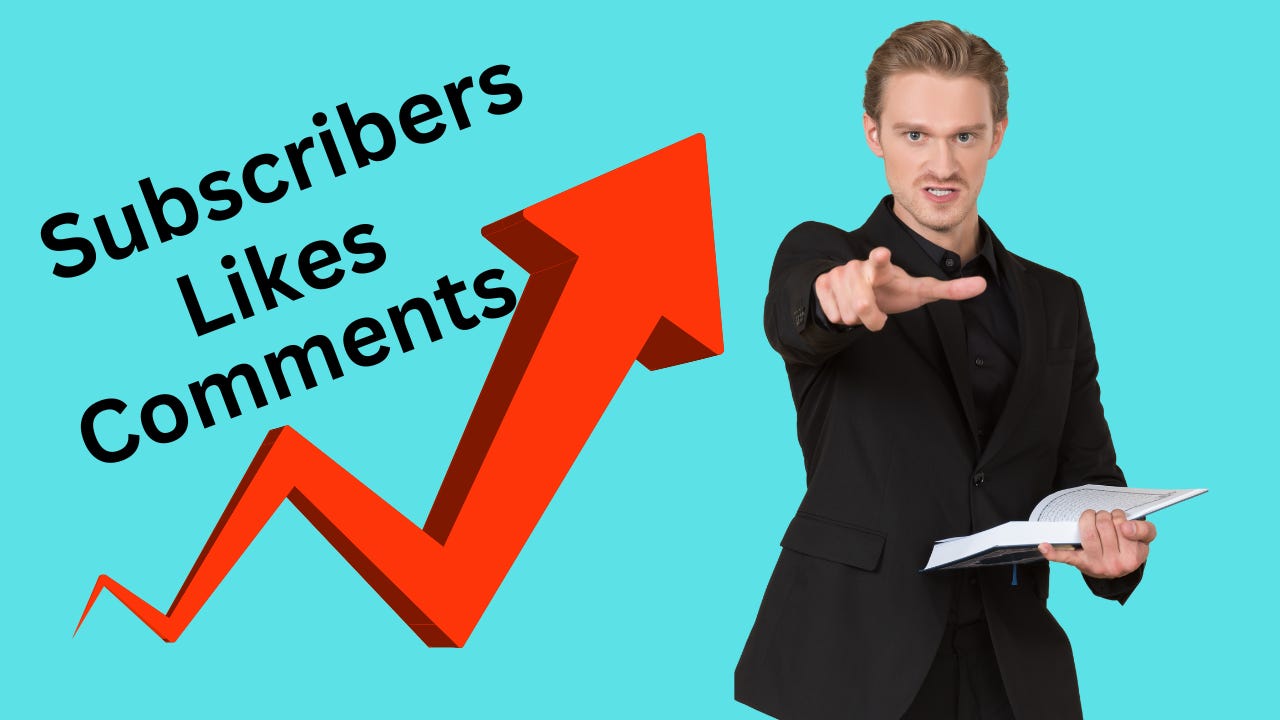 A preacher pointing at you next to a rising graph of subscribers, likes, and comments.