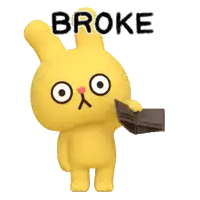 a yellow rabbit holding an empty wallet with the word broke written above it