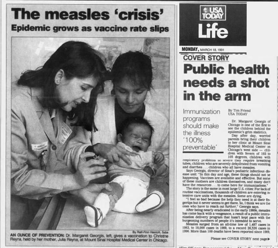 Between 1989 and 1991, there were over 99,500 articles about measles in our nation’s newspapers. For the same three years, from 2009 to 2011, there were just under 23,000.