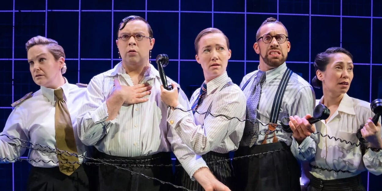 The cast of Operation Mincemeat in one of a ridiculous number of production photos involving them being tangled up in phone wires. Also, what's a phone wire? I don't know. I'm 25. Or something.