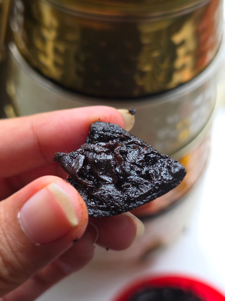 This pickle is over 11 Years old ,As it ages it darkens and produces that Umami. 