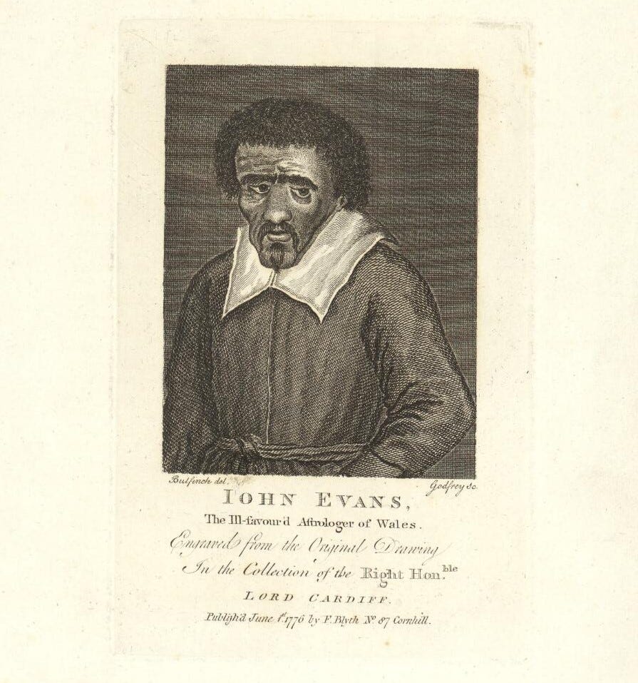 This 18th-century engraving shows a gloomy-looking man with dark curly hair and a drooping moustache. He has thick eyebrows and is looking downwards towards the lower right corner of the image. He wears a plain dark tunic with a large white collar.