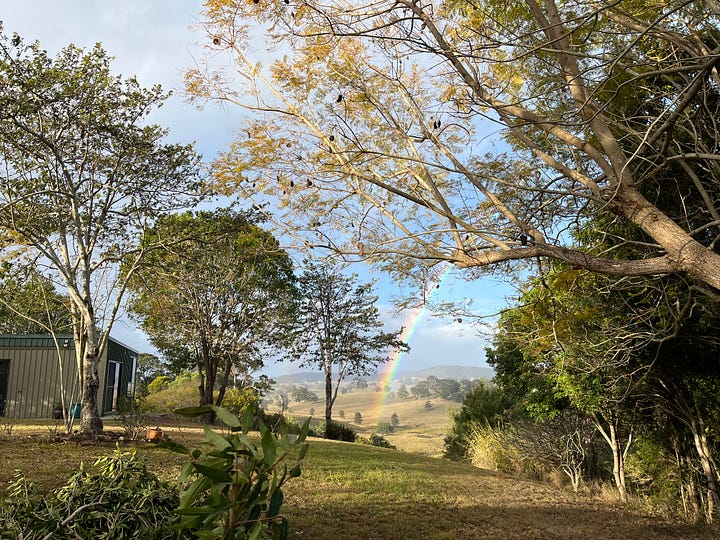 two photos of a rainbow: the first is looking through some trees as it comes up from the ground and the second is a long shot of a full rainbow above some low hills with a blue sky with some grey rain clouds above