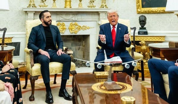 President Trump sitting in a chair and pointing with both hands as President Nayib Bukele of El Salvador sits in a chair next to him in the Oval Office. President Trump sitting in a chair and pointing with both hands as President Nayib Bukele of El Salvador sits in a chair next to him in the Oval Office.