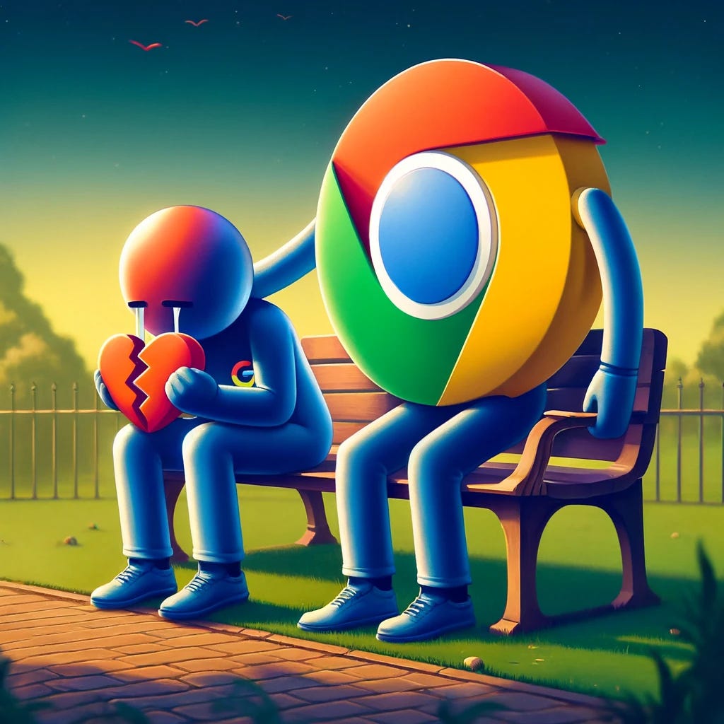 A creative illustration depicting a personified Google character breaking up with a personified Chrome Browser character. The Google character is represented as a humanoid figure with Google's signature colors (blue, red, yellow, and green) integrated into their outfit and design, holding a heartbroken expression and a symbolic heart broken in two. The Chrome Browser character is represented as a humanoid figure with Chrome's circular logo as a prominent part of their outfit or headgear, sitting sadly on a bench. The setting is a park with a melancholic atmosphere, emphasizing the emotional moment. The scene uses a slightly whimsical and modern art style.