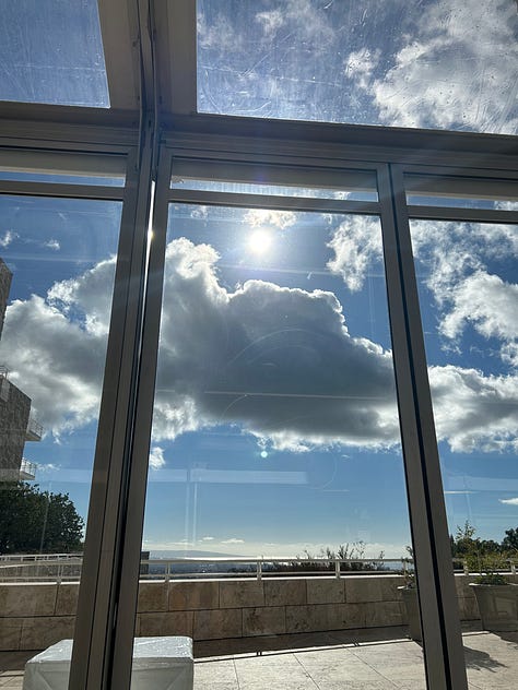 views from the Getty Center of the ocean and DTLA as well as the dining area on a balcony, and works of Van Gogh and Monet