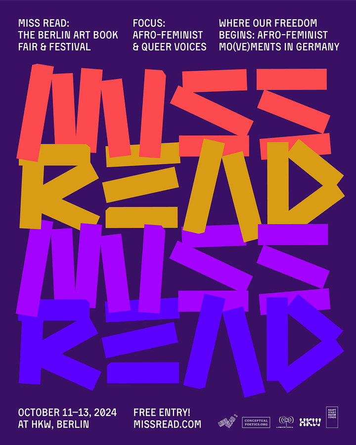 The first image shows a colorful poster for "Miss Read: The Berlin Art Book Fair & Festival," scheduled for October 11-13, 2024, at HKW, Berlin. The event highlights Afro-feminist and queer voices, with a focus on Afro-feminist movements in Germany. The bold design features large, colorful letters forming "MISS READ" in vibrant shades of pink, orange, purple, and yellow against a dark purple background. The second image shows a booth at the Miss Read book fair, with a person standing behind a table displaying Soi Books publications, including vibrant covers for sticker books and art books. The display includes zines and special graffiti editions, with neatly arranged books on the table. In the third image, there is a lively scene of attendees exploring various booths at the fair. One booth prominently displays several books and zines from Soi Books, as visitors stop by to engage with the collection. The room is filled with people chatting and browsing the displays, giving the event a bustling and energetic atmosphere. In the fourth image, a group of smiling attendees takes a selfie at the fair while standing near the Soi Books booth, where colorful books and zines are showcased. The group is clearly enjoying the event, surrounded by other visitors in the background, with an art installation labeled "Afro Bank" visible behind them.