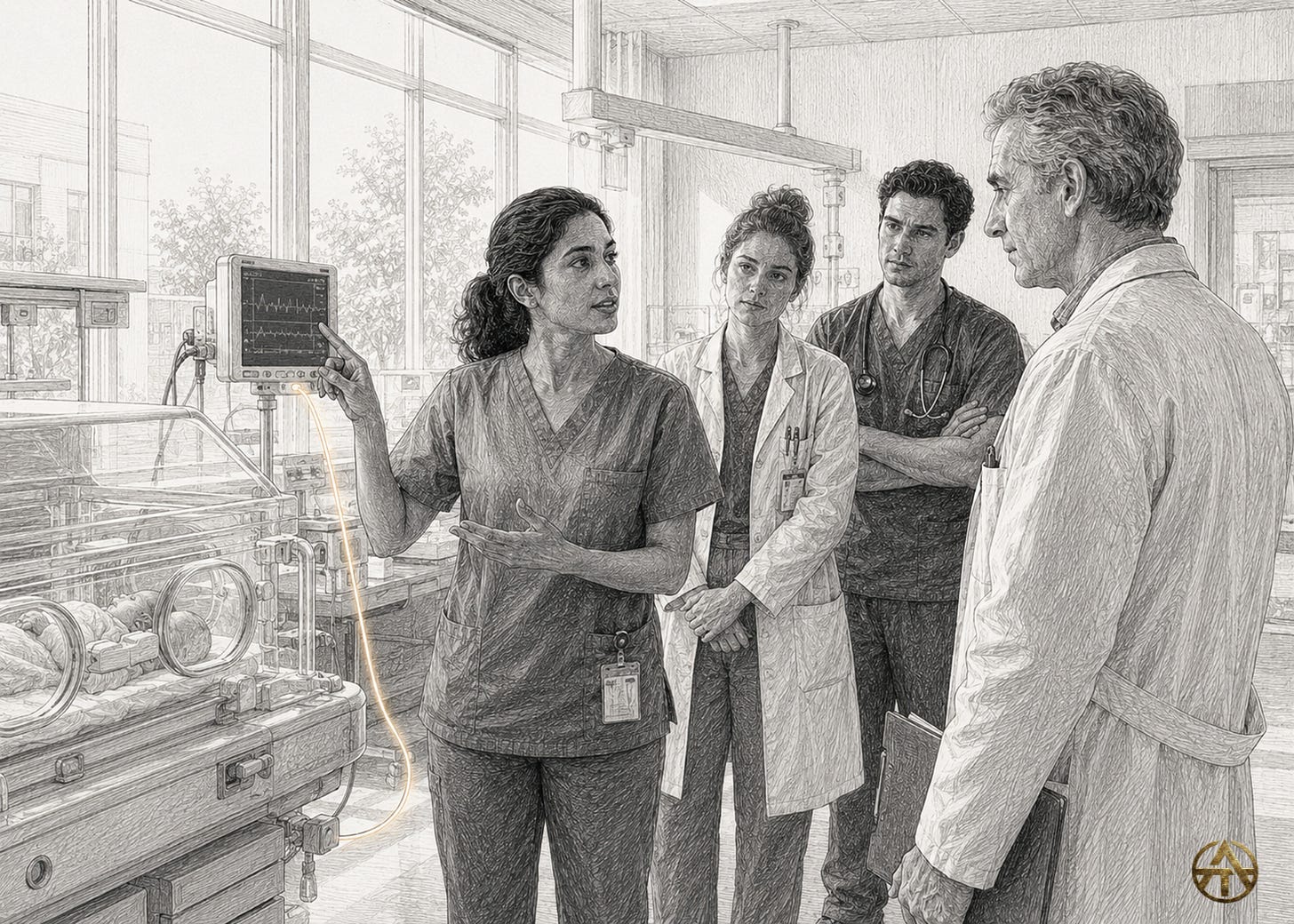 A neonatal nurse points to a bedside monitor while a senior physician lowers his clipboard and listens beside an incubator.
