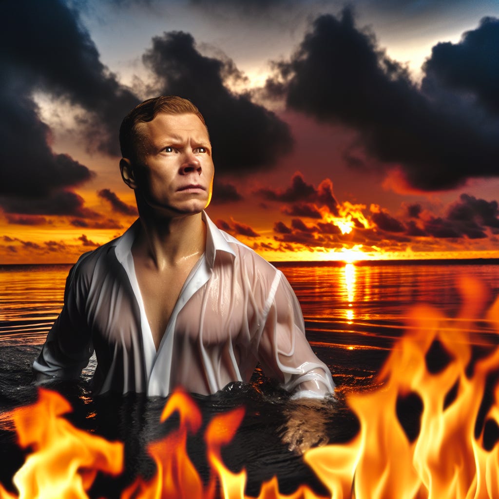 give me the visual interpretation of a combination of the two phrase "baptism by fire" and "sink or swim"