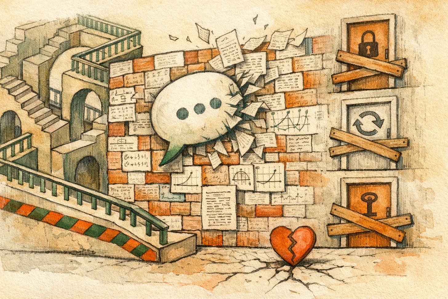 MC Escher surreal technical illustration of the “Klarna Wall” failure: chat bubbles hitting a brick wall of policies and equations, with impossible loops and blocked exits.