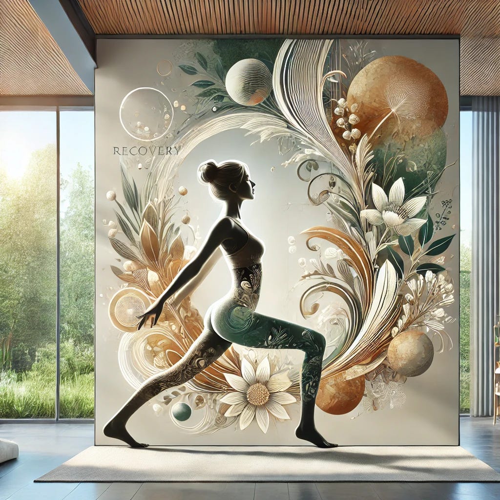 An even more refined and visually striking Substack article cover for 'Postpartum Recovery: 5 Steps to Strengthen Your Core (and Sanity) After Childbirth.' The focus is on a confident and strong postpartum woman engaging in yoga or pilates, with a sense of motion, surrounded by an airy, serene room with large modern windows. Natural light floods the room, highlighting her form and reflecting an atmosphere of recovery and renewal. The outside greenery can be seen through the windows, and the colors are rich but soothing, with soft golds, greens, and whites. Delicate yet artistic floral or abstract growth elements frame the design, enhancing the theme of strength and rejuvenation. The title is prominent, set in an elegant, modern font that complements the overall polished and empowering aesthetic.