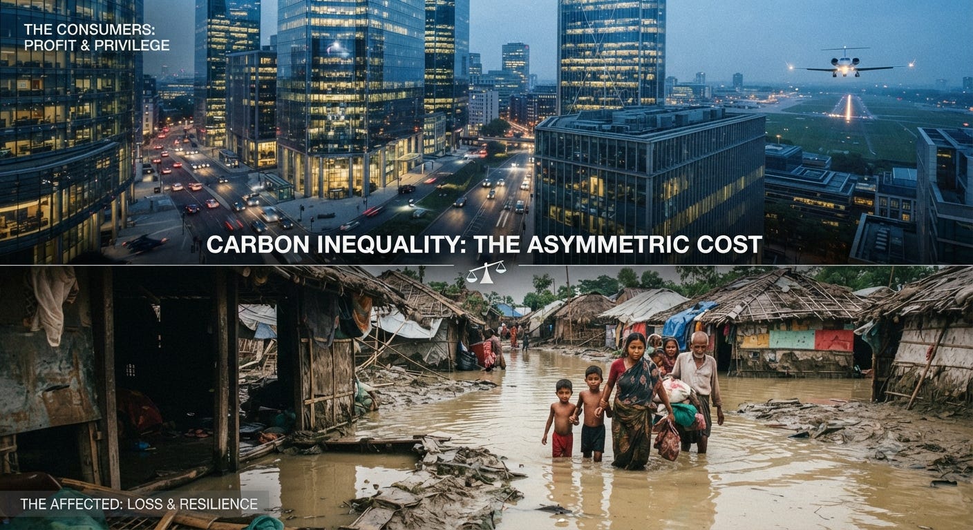 A split-screen contrasts a modern financial district with a flood-affected community. The upper image represents those who benefit from carbon-intensive economic activity, while the lower image represents communities disproportionately affected by climate change despite contributing relatively little to global emissions. A split-screen contrasts a modern financial district with a flood-affected community. The upper image represents those who benefit from carbon-intensive economic activity, while the lower image represents communities disproportionately affected by climate change despite contributing relatively little to global emissions.