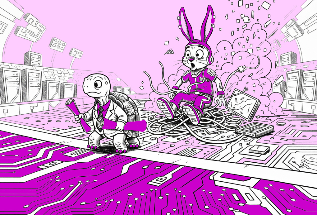 A tortoise in a suit crossed the finish line in race while a shocked hare with clouds of smoke breaks computer device behind. The race track is a circulit board. Image co-created with AI using Gemini