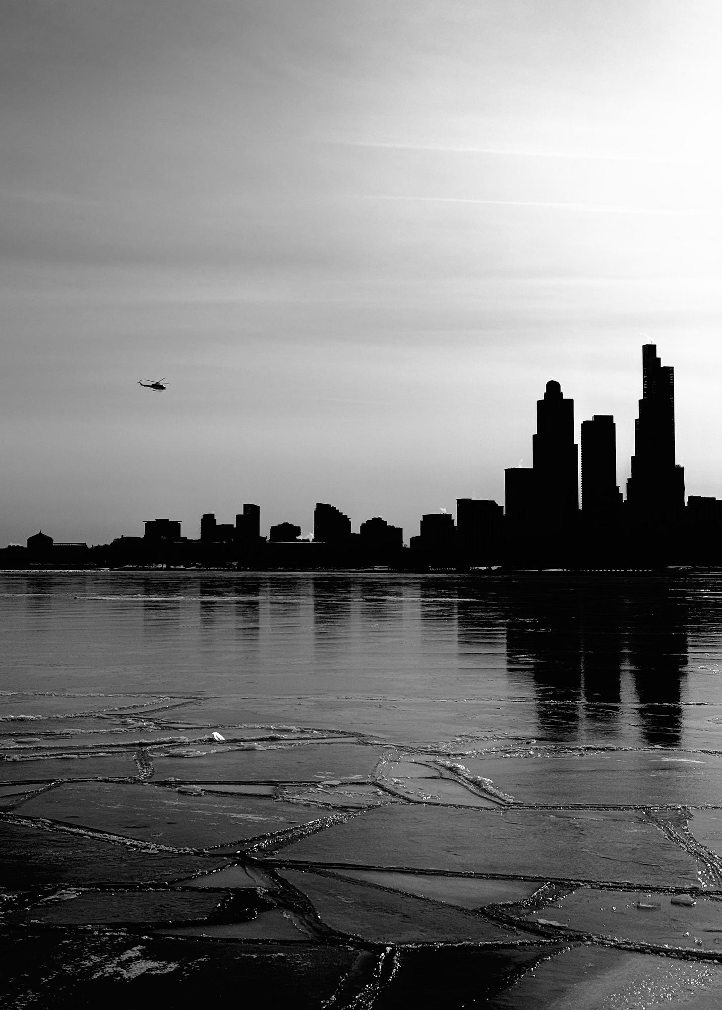 black and white photo of Chicago skyline