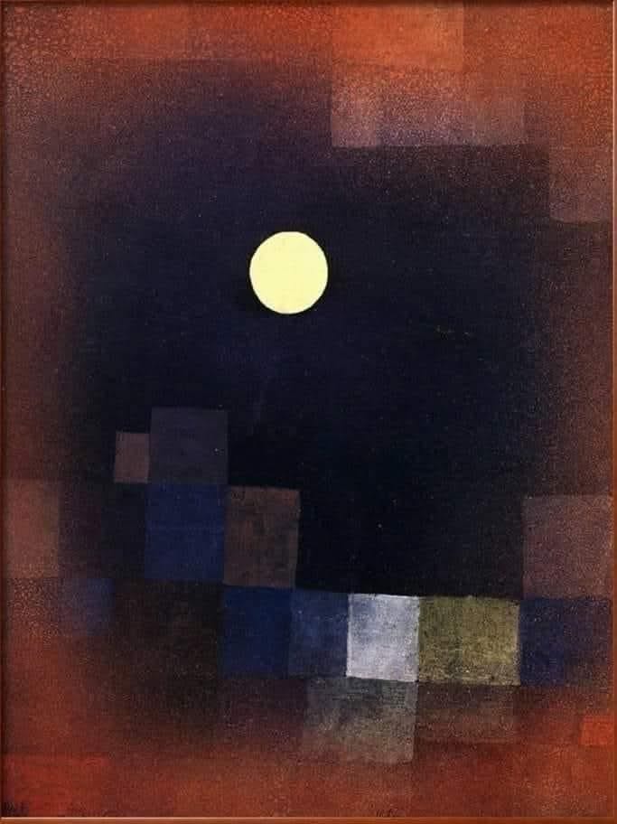 oil painting by Paul Klee, dark coloured squares fill a tall canvas, a single pale circle mid-centre depicting a full moon